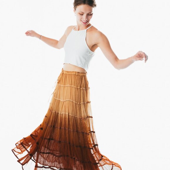 Summer Elastic Waist brown midi Skirt Cotton Casual Loose Skirts A-line Pleat - Picture 2 of 3